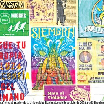 Collage de afiches al interior de la Universidad Nacional, sede Bogotá, junio 2024, periódico desdeabajo. La pirámide social en la Universidad Nacional