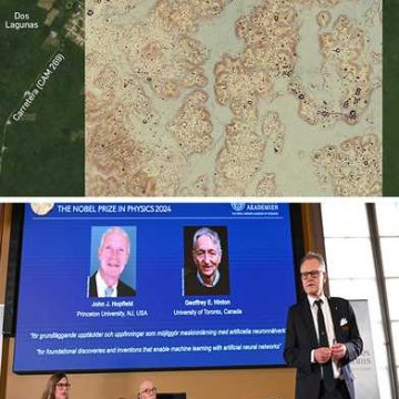 Área principal de Valeriana, sitio maya encontrado con el sistema Lidar, y la conferencia para anunciar a los ganadores del Nobel de Física en octubre pasado.Foto cambridge.org y Afp
