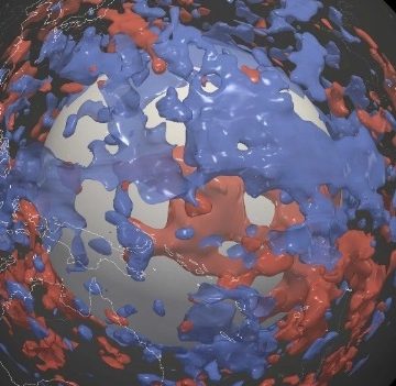 Utilizando un nuevo modelo, investigadores descubrieron sitios en el manto inferior de la Tierra donde las ondas sísmicas viajan más lento (en rojo) o más rápido (en azul). La gran zona azul es el Pacífico occidental (justo en el centro de la imagen). Foto Sebastian Noe / ETH / Zúrich