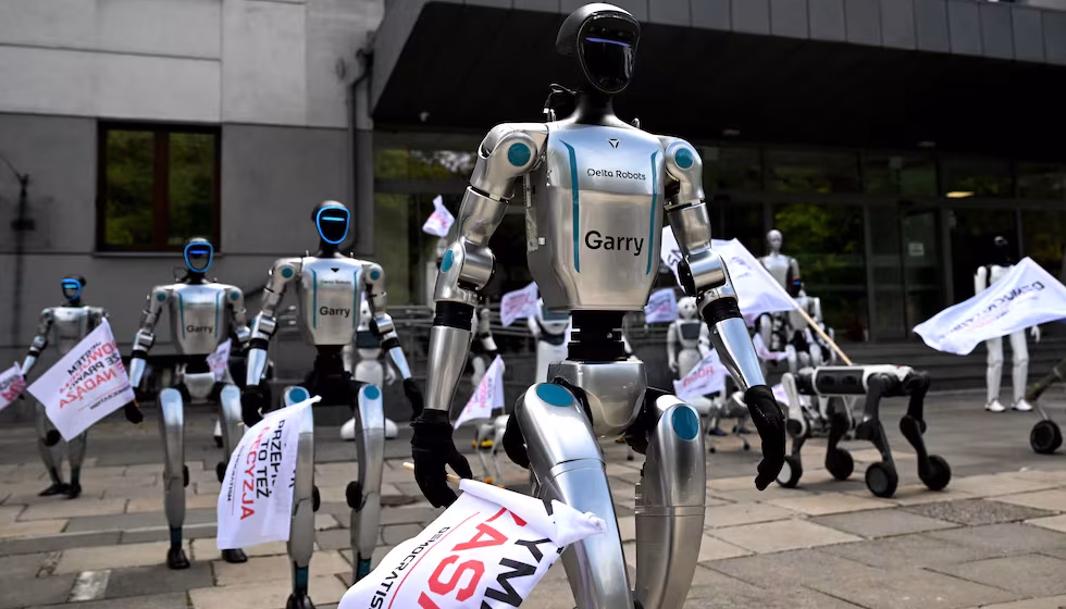 Protesta Polonia Decenas de robots “protestan” contra el uso descontrolado de la IA en Polonia